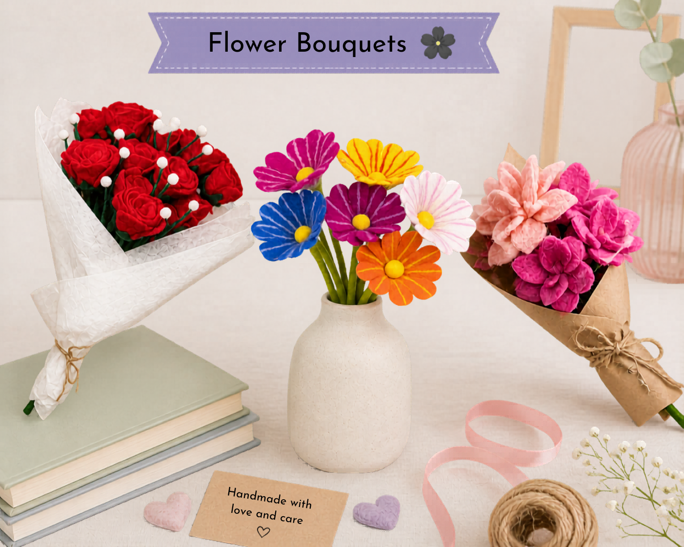 Felt gifts styled for different occasions like birthdays, teacher gifts, and baby showers